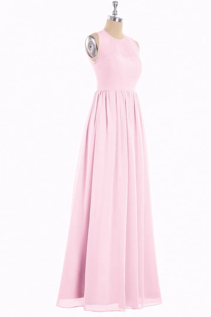 Pink Chiffon Halter Cutout Back A-Line Long Bridesmaid Dress