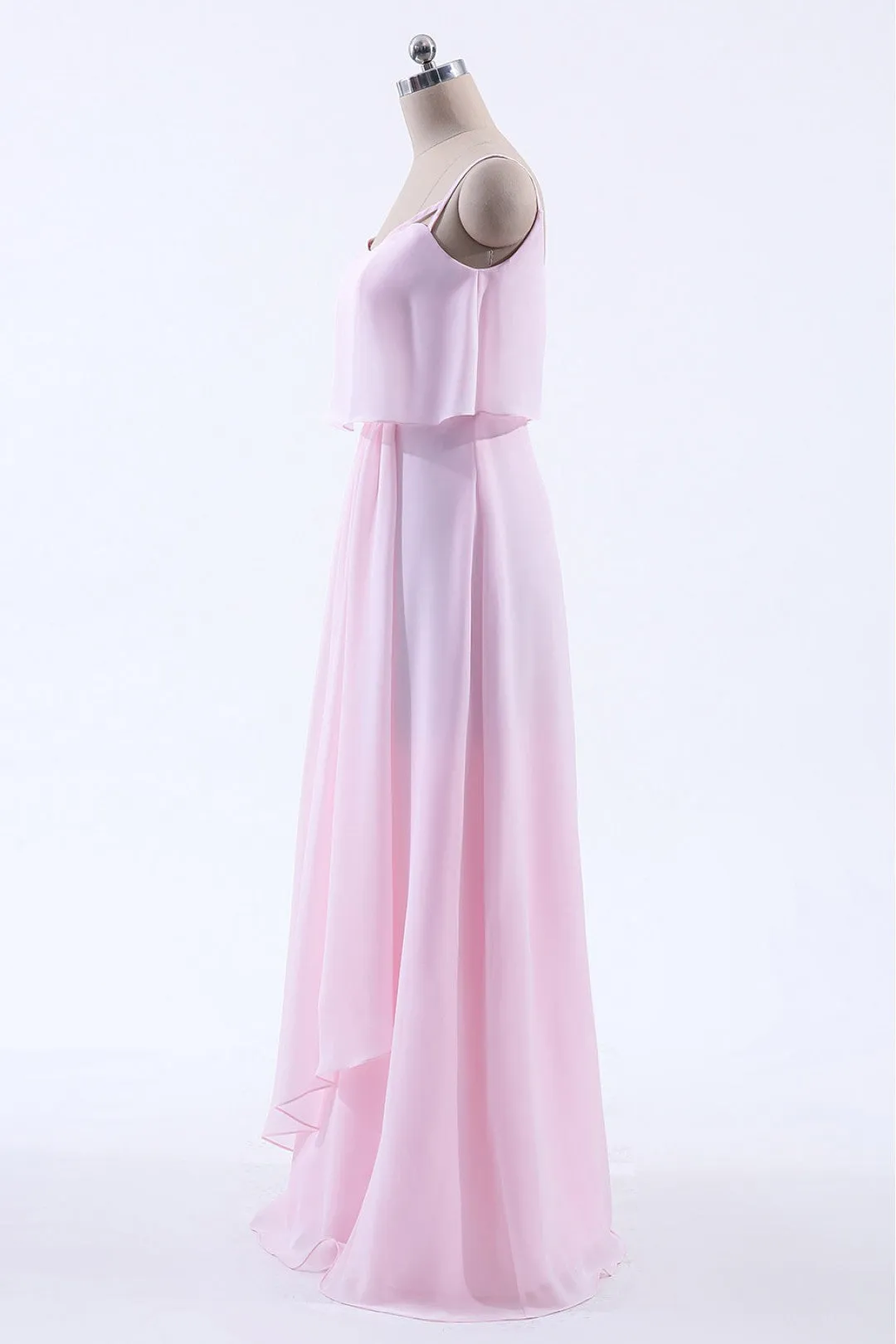 Pink Flounce Chiffon Straps A-line Long Bridesmaid Dress