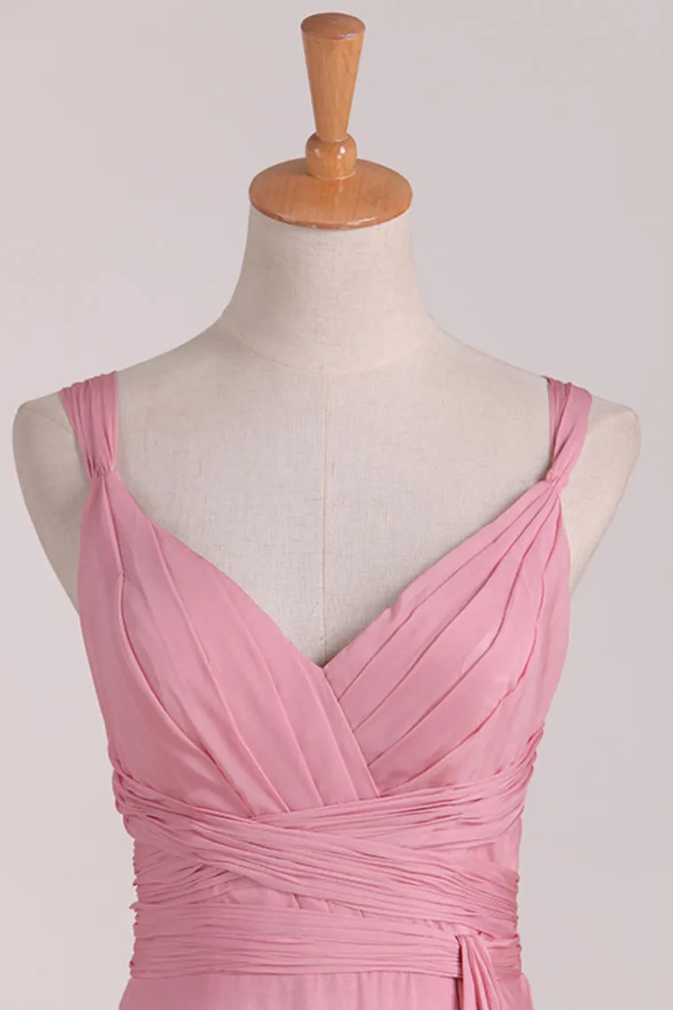 Pink V-Neck Lace-Up Long Bridesmaid Dress