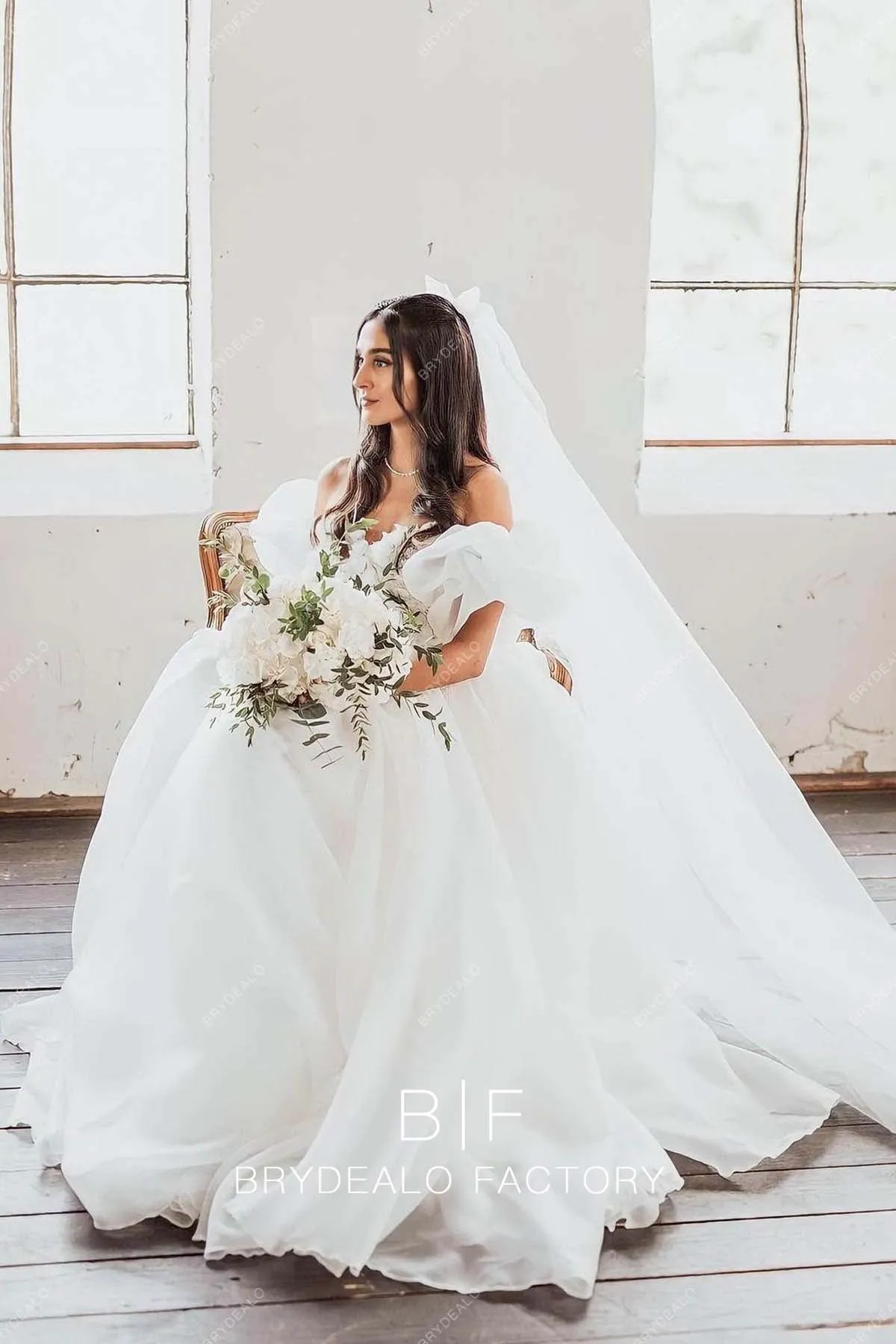 Pretty Ivory Organza Off Shoulder Ball Gown Designer Wedding Dress