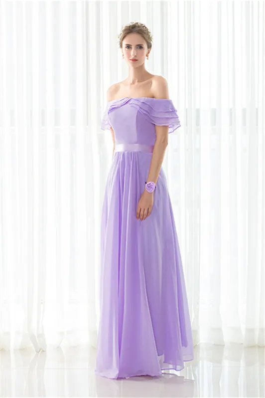 Purple Chiffon Off The Shoulder Long Bridesmaid Dresses