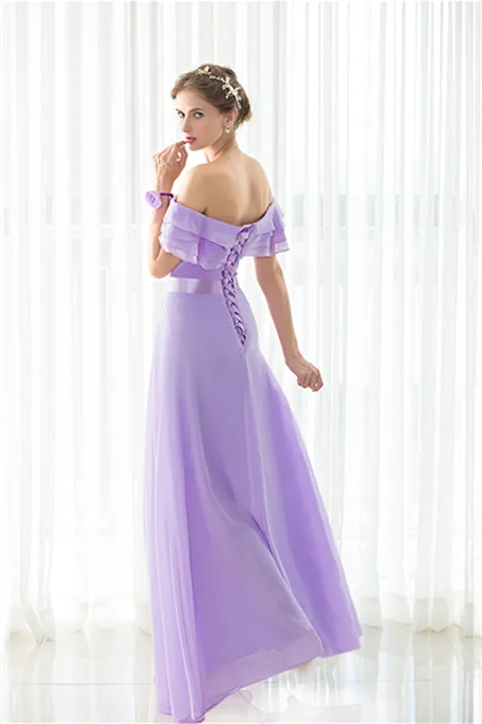 Purple Chiffon Off The Shoulder Long Bridesmaid Dresses