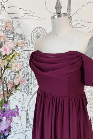 Raspberry Off-the-Shoulder Cowl Neck Chiffon Long Bridesmaid Dress