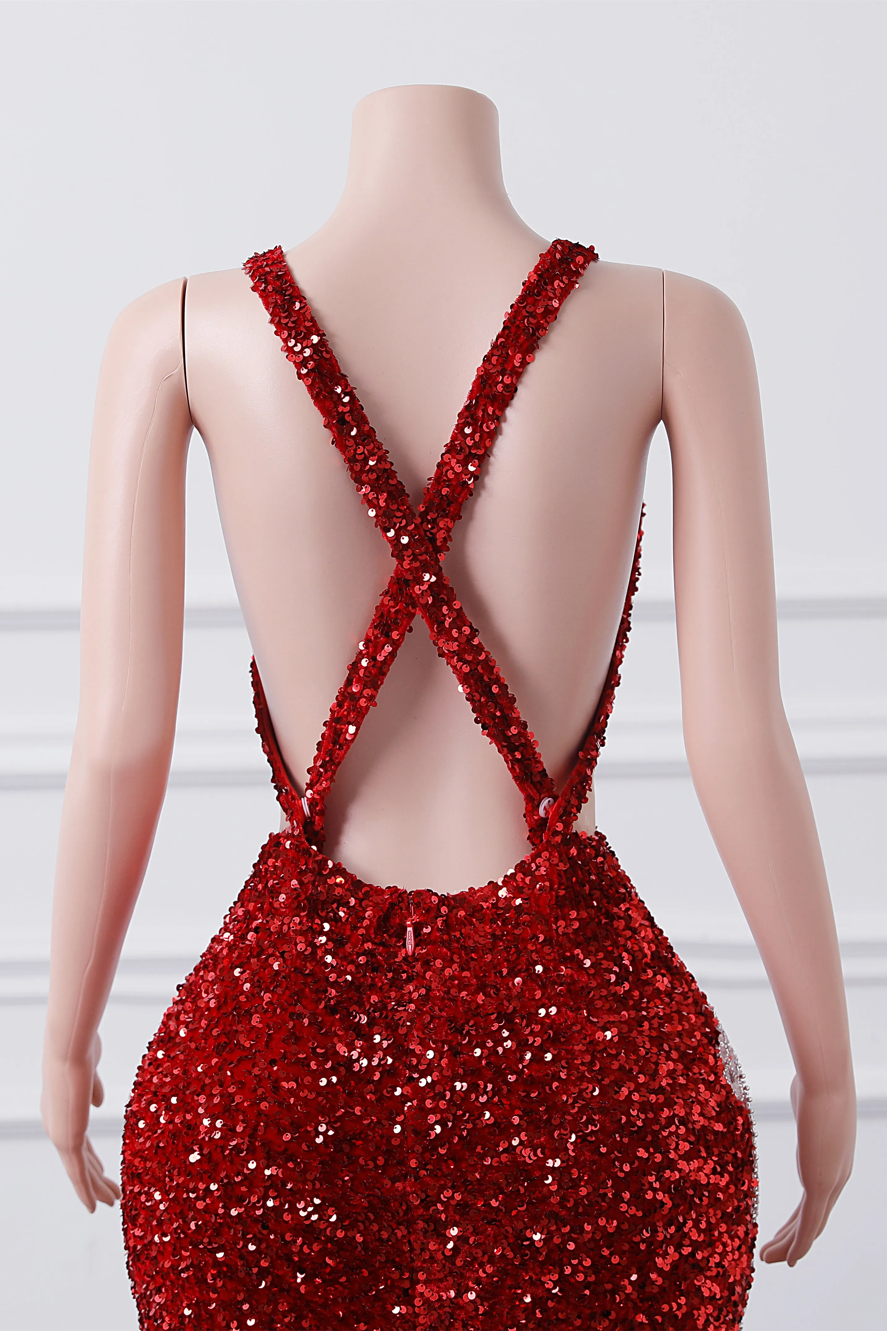 Red Sequin Mermaid Prom Dresses Luxury Silver Crystal Beaded Sheer Neck Long Formal Party Evening Gowns for Black Girls