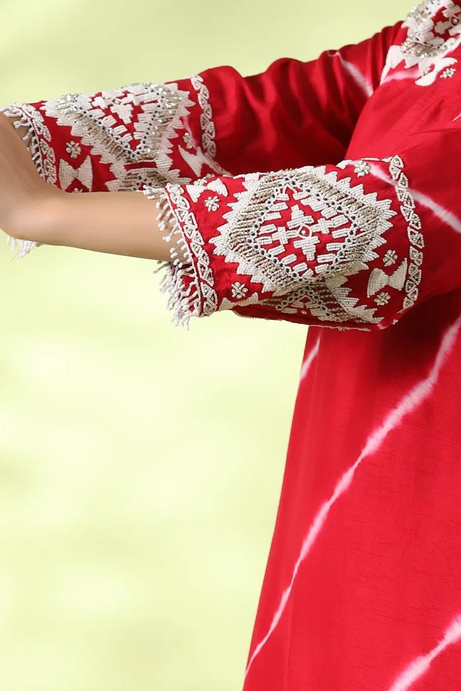 Red Tie-dyed &amp; Embroidered Asymmetrical Kurta with Palazzo
