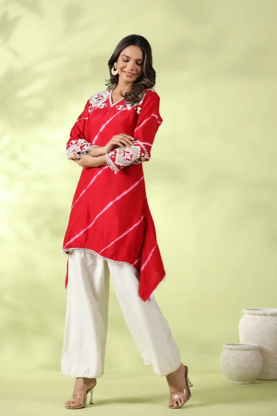 Red Tie-dyed &amp; Embroidered Asymmetrical Kurta with Palazzo