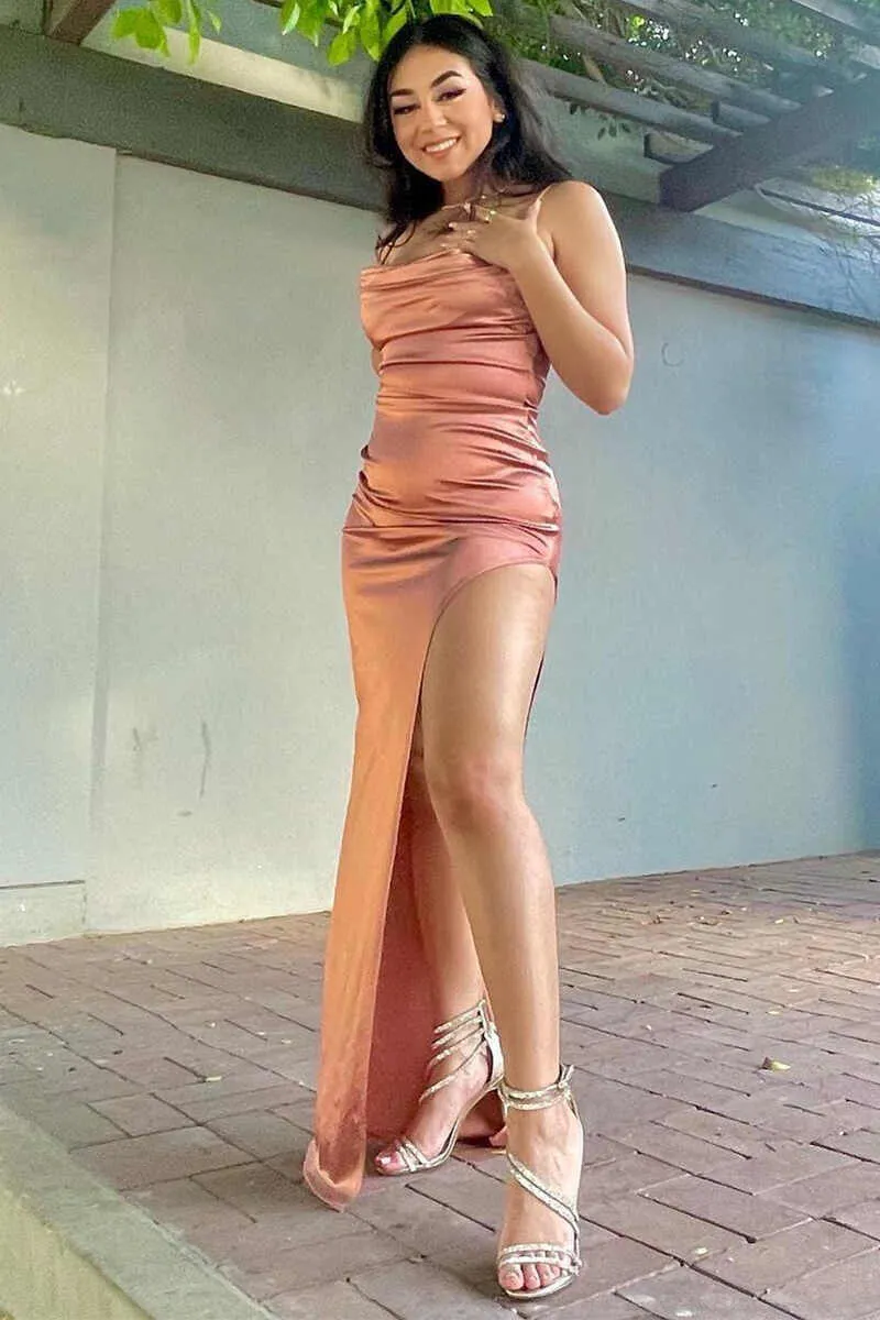 Royal Blue Satin Cowl Neck Long Formal Dress with Slit