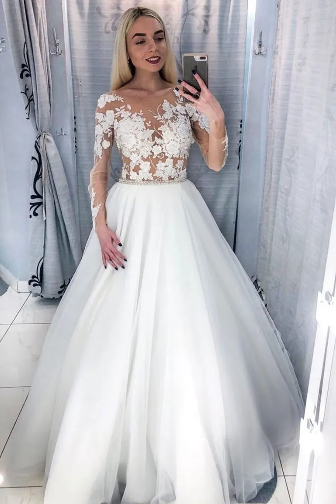 See Through Long Sleeve White Tulle Wedding Dress Illusion Neck Bridal Gown