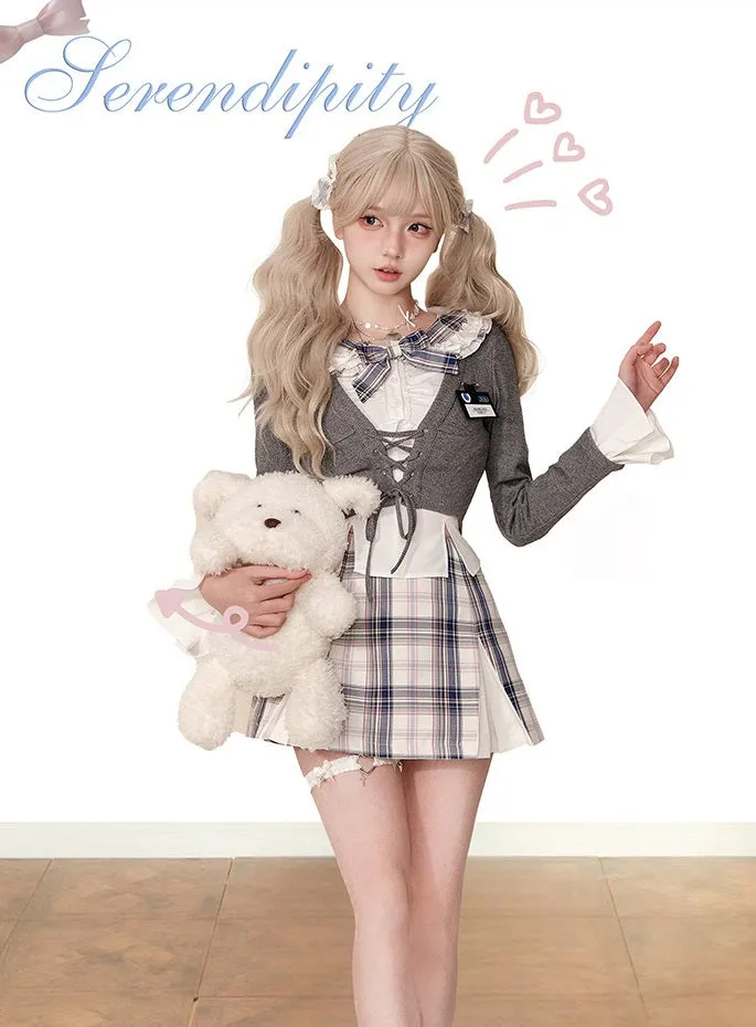 Serendipity Seoul Academia Gray Cardigan & White Skirt & Plaid Skirt Three Piece Set