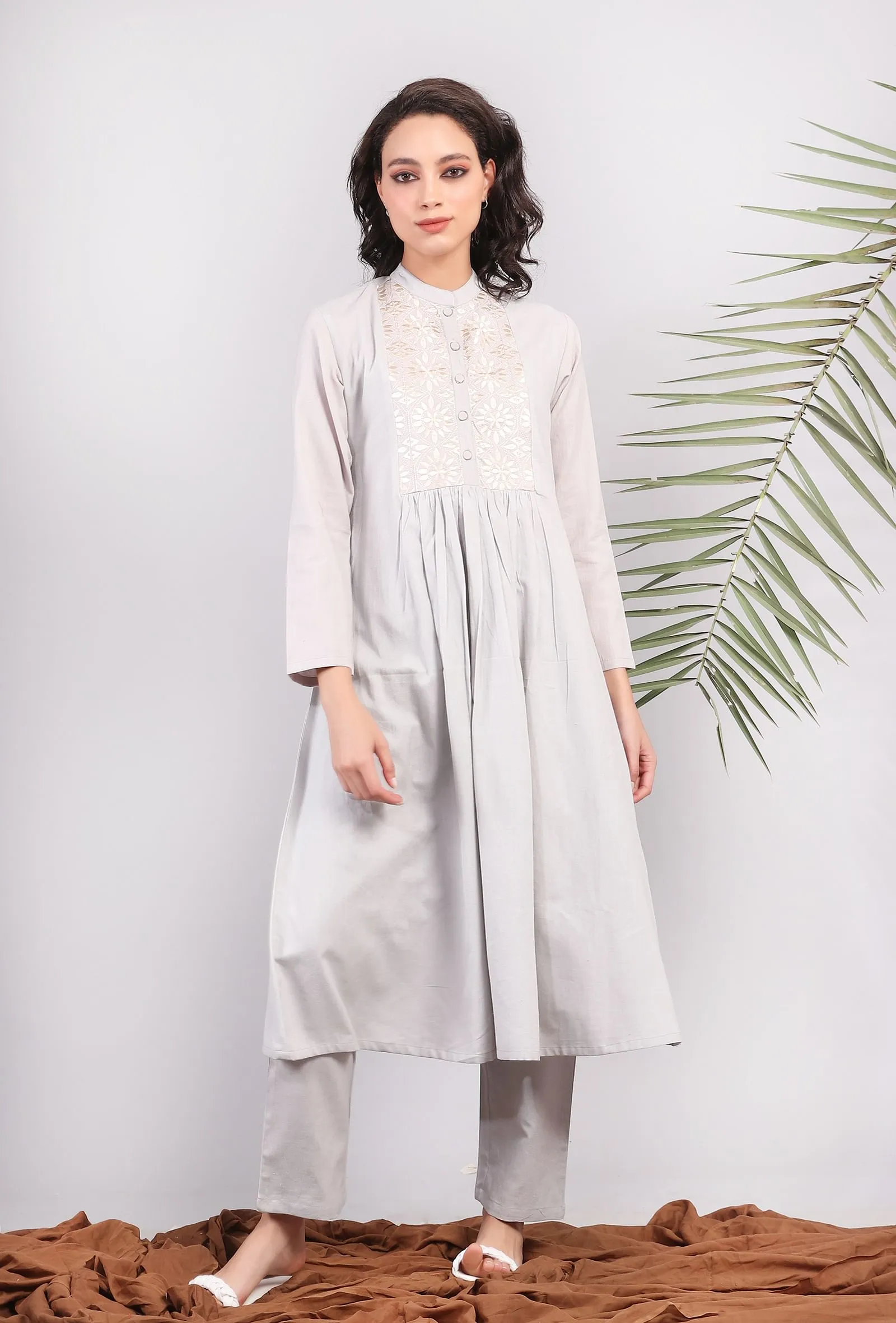 Set of 2: Steele Gray Bandh Gala Front Gathered Kurta Dress With Narrow Pants