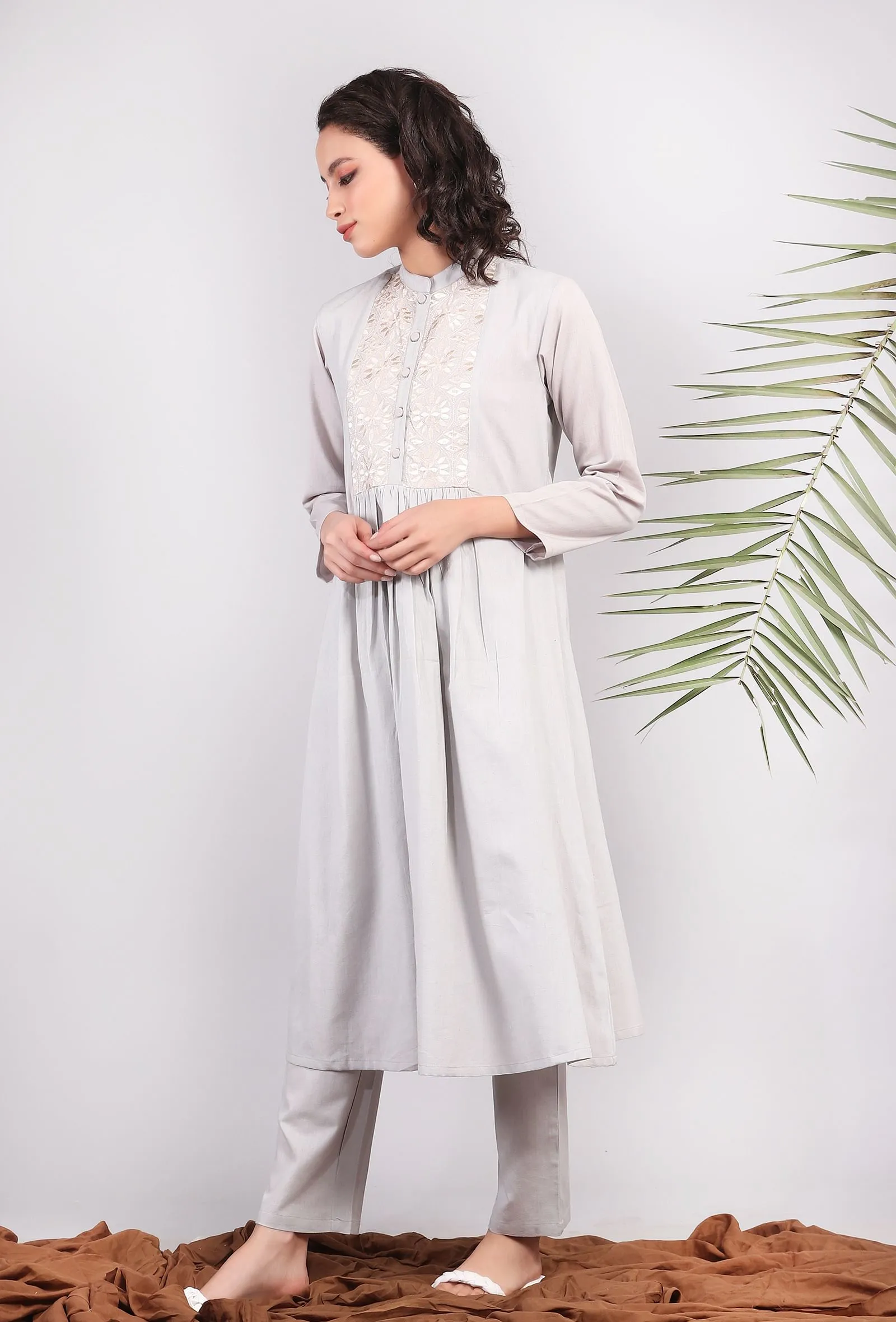 Set of 2: Steele Gray Bandh Gala Front Gathered Kurta Dress With Narrow Pants