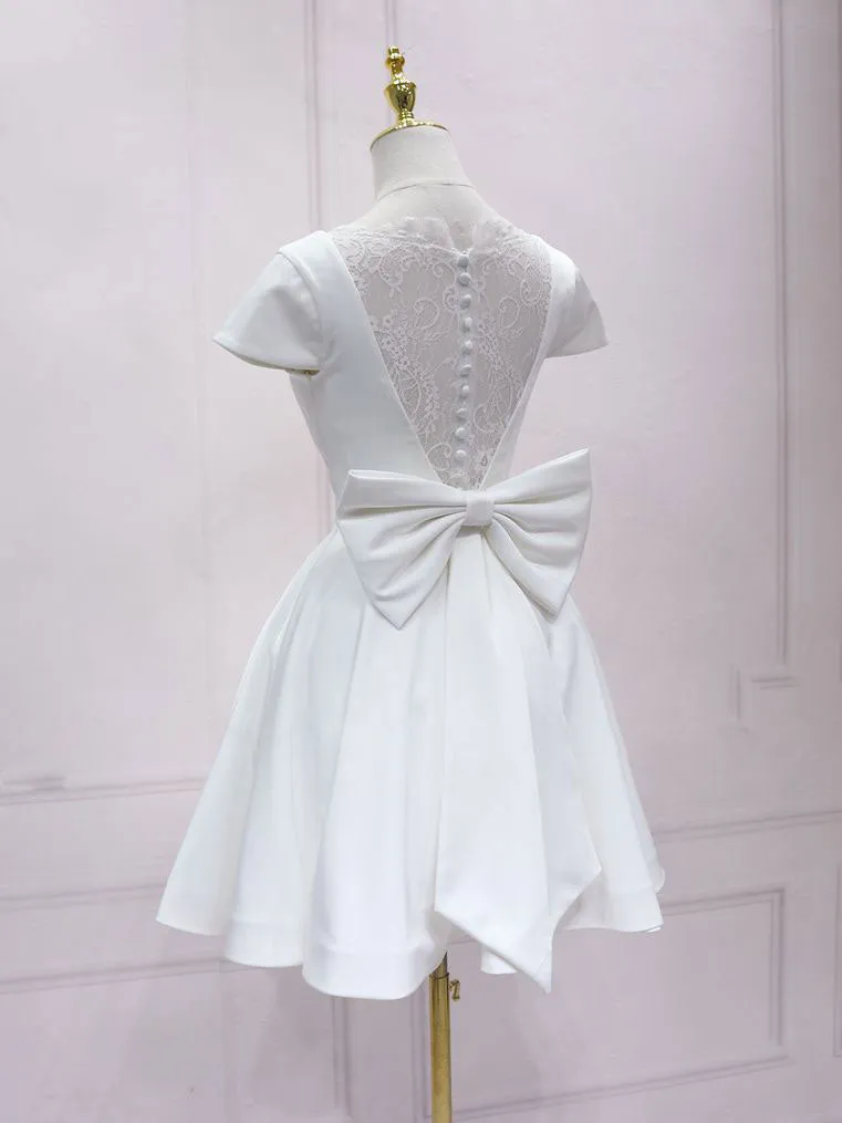 Simple white v neck lace short prom dress, white bridesmaid dress