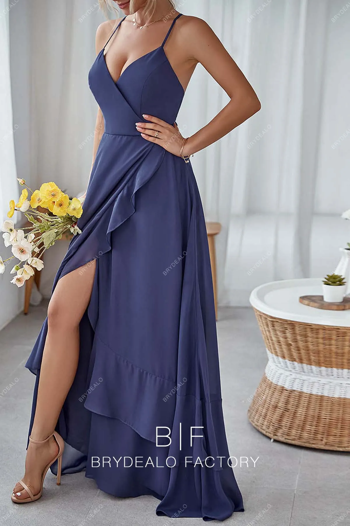 Slate Blue Chiffon Ruffled Slit Strappy Back Long Dress