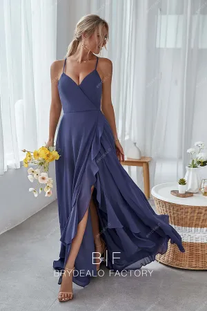 Slate Blue Chiffon Ruffled Slit Strappy Back Long Dress