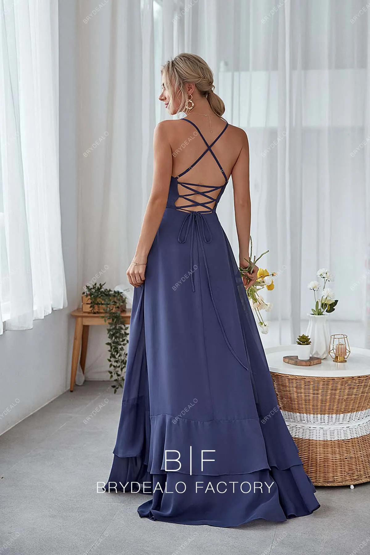 Slate Blue Chiffon Ruffled Slit Strappy Back Long Dress