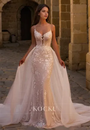 Spaghetti Straps Sweetheart Mermaid Appliques Lace Wedding Dress Bridal Gowns with Overskirt