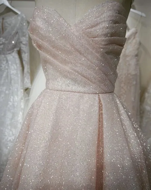 Sparkly A Line Strapless Champagne Wedding Dress Sweetheart Bridal Gown