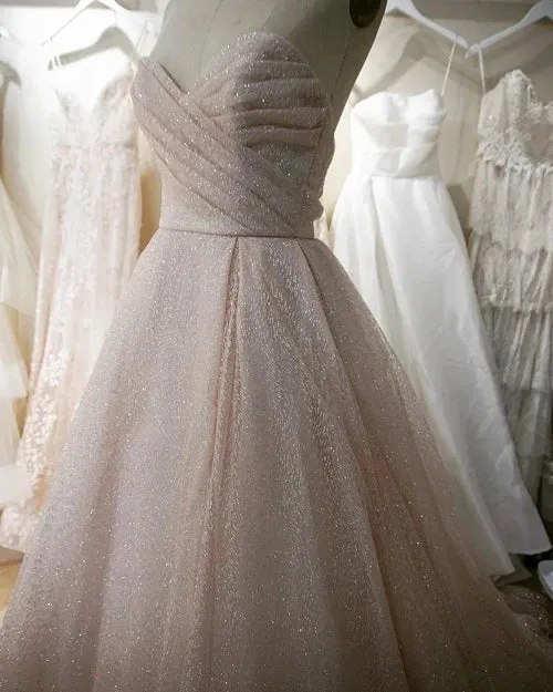 Sparkly A Line Strapless Champagne Wedding Dress Sweetheart Bridal Gown