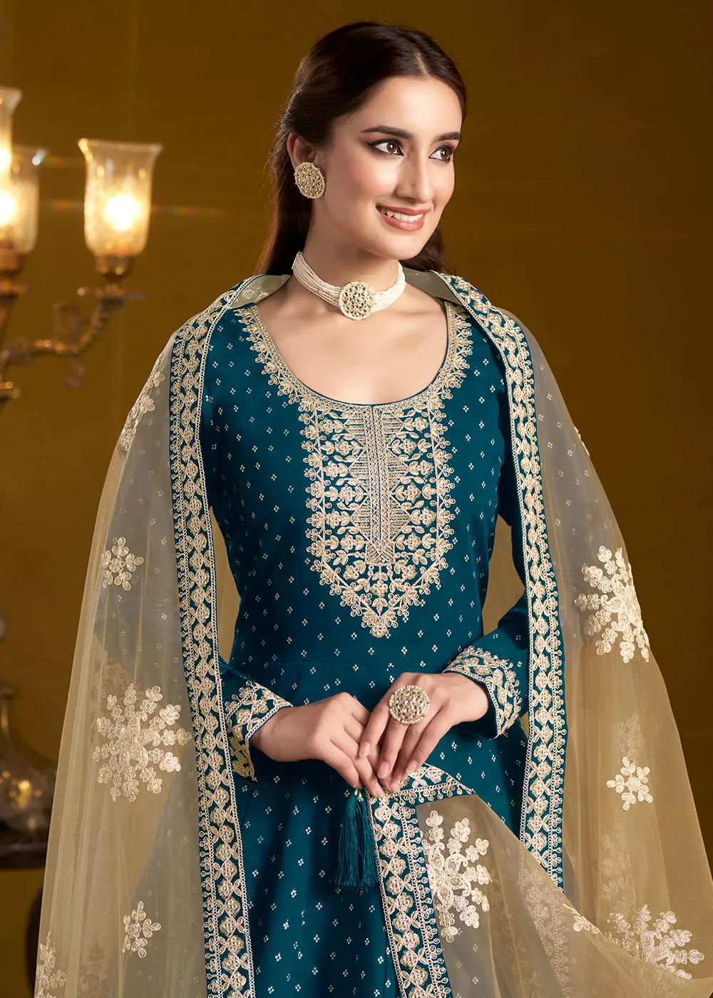 Teal Blue Chanderi Butti Embroidered Festive Anarkali Suit