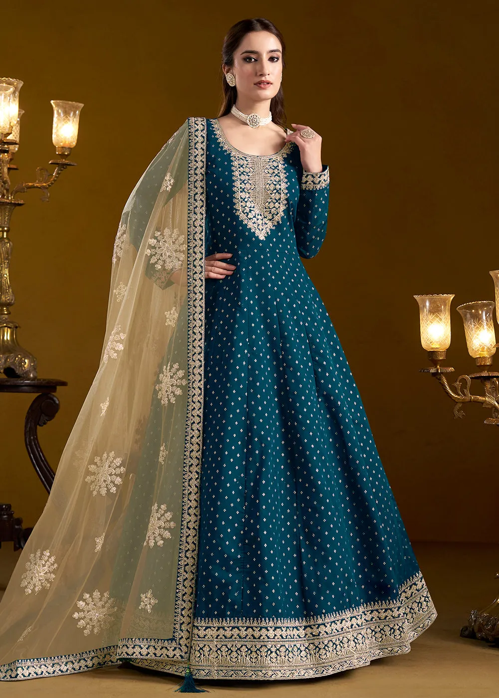 Teal Blue Chanderi Butti Embroidered Festive Anarkali Suit