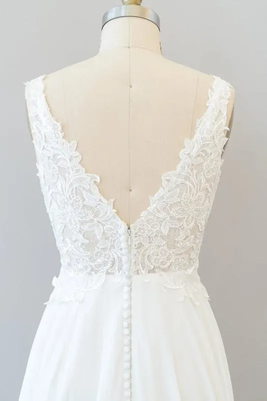 V-neck Appliques Chiffon A-line Wedding Dress