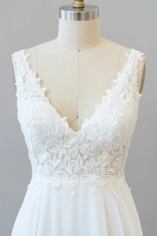 V-neck Appliques Chiffon A-line Wedding Dress
