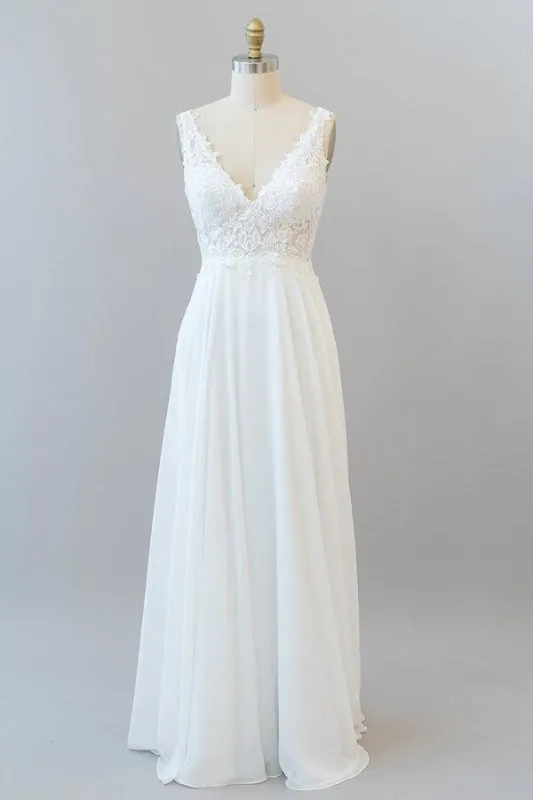 V-neck Appliques Chiffon A-line Wedding Dress