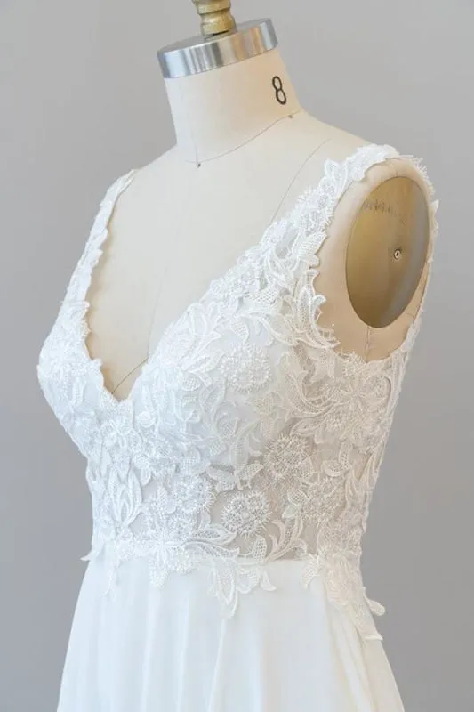 V-neck Appliques Chiffon A-line Wedding Dress