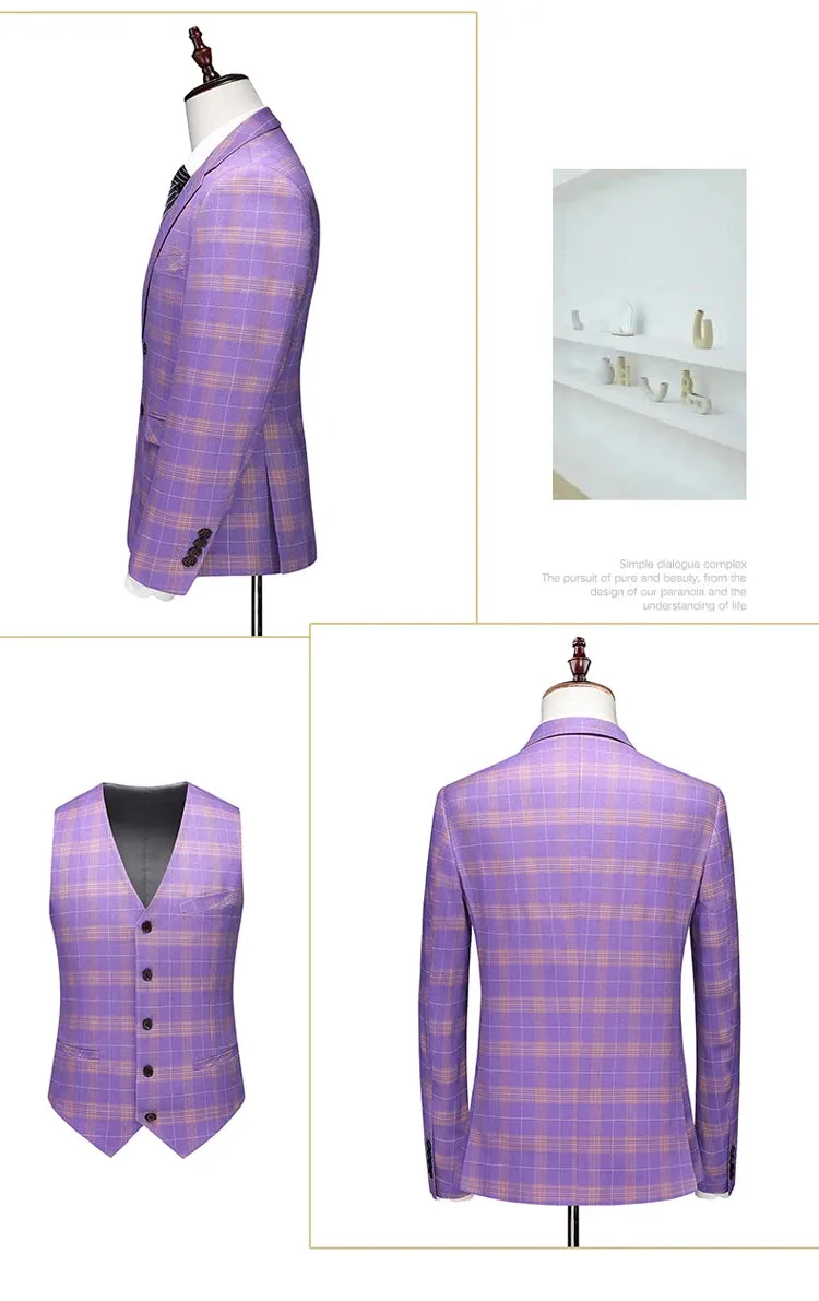 Violet Plaid Mens Three Piece Suit