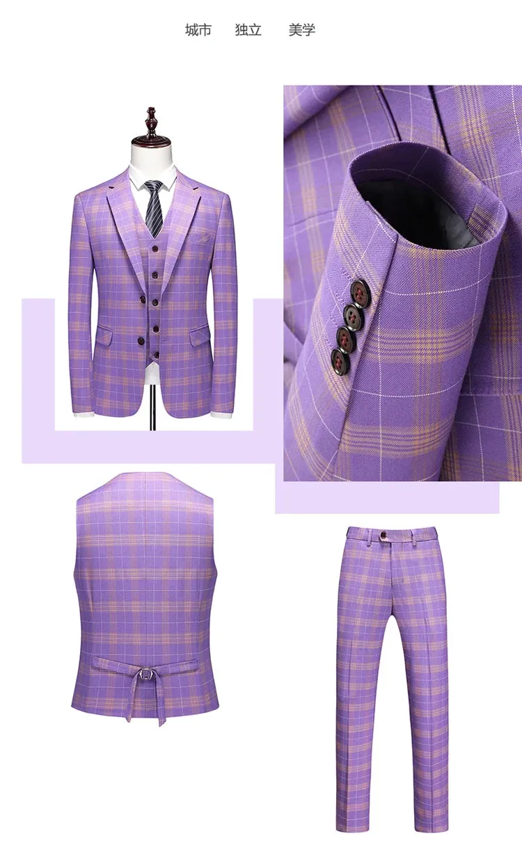 Violet Plaid Mens Three Piece Suit