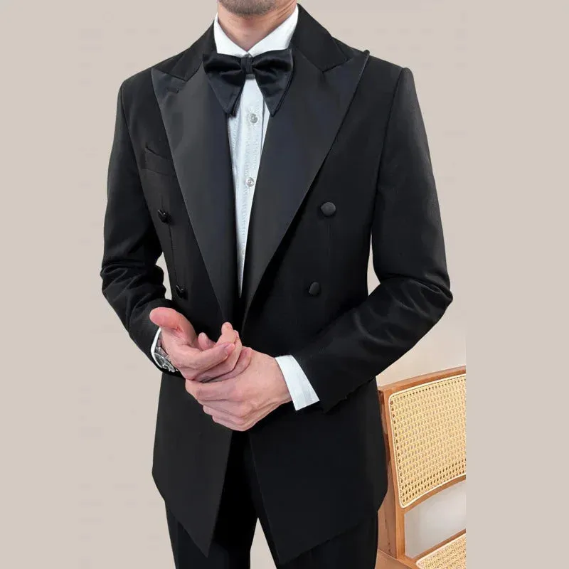 Wiaofellas  -  Vintage Black Men Suits Two Piece Fashion Peak Lapel Male Suit Slim Wedding Party Groom Banquet Tuxedo Costume Homme