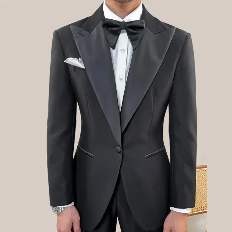 Wiaofellas  -  Vintage Black Men Suits Two Piece Fashion Peak Lapel Male Suit Slim Wedding Party Groom Banquet Tuxedo Costume Homme