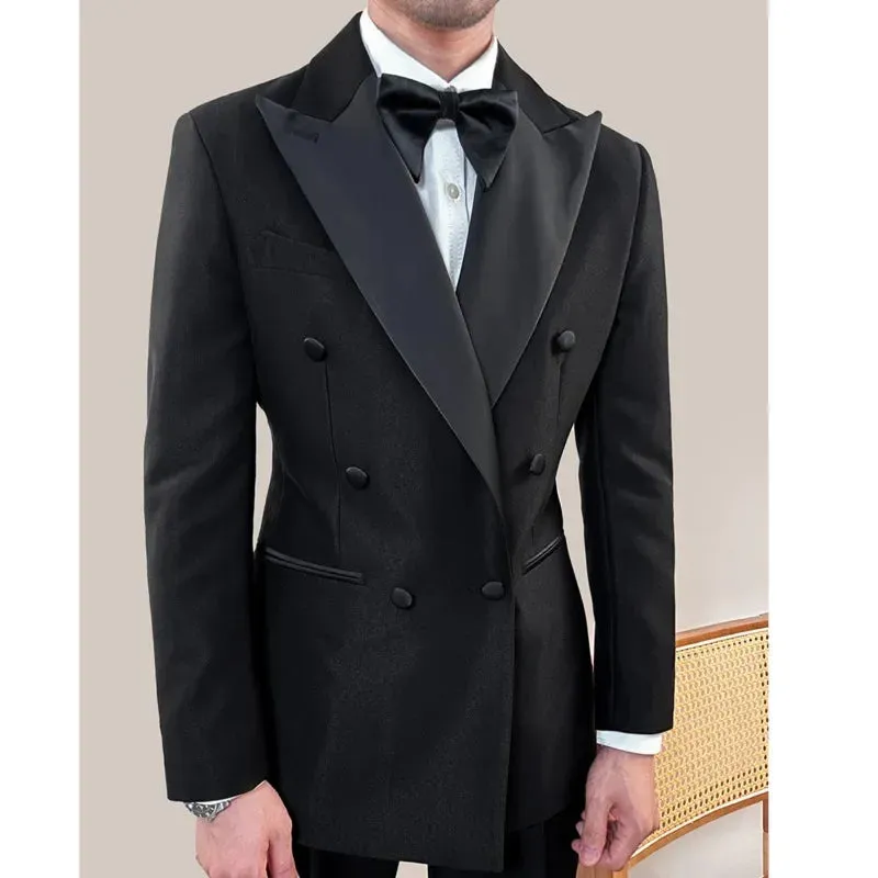 Wiaofellas  -  Vintage Black Men Suits Two Piece Fashion Peak Lapel Male Suit Slim Wedding Party Groom Banquet Tuxedo Costume Homme