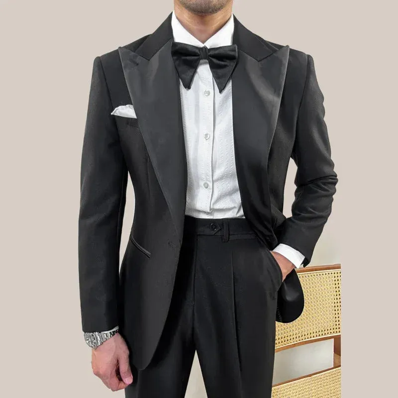 Wiaofellas  -  Vintage Black Men Suits Two Piece Fashion Peak Lapel Male Suit Slim Wedding Party Groom Banquet Tuxedo Costume Homme