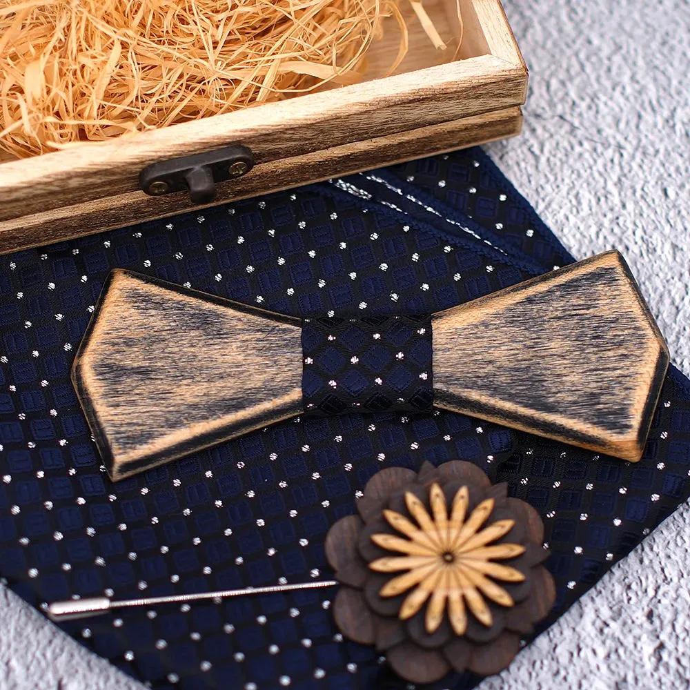 Wooden Bow Ties, Pocket Square and Lapel Pin Gift Box Set