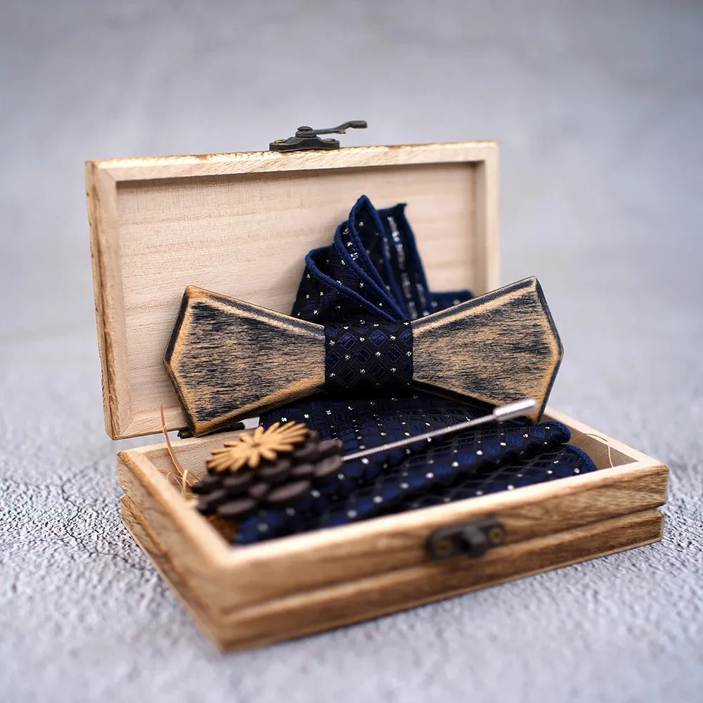 Wooden Bow Ties, Pocket Square and Lapel Pin Gift Box Set