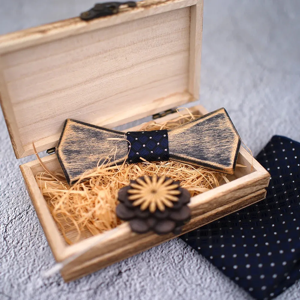 Wooden Bow Ties, Pocket Square and Lapel Pin Gift Box Set