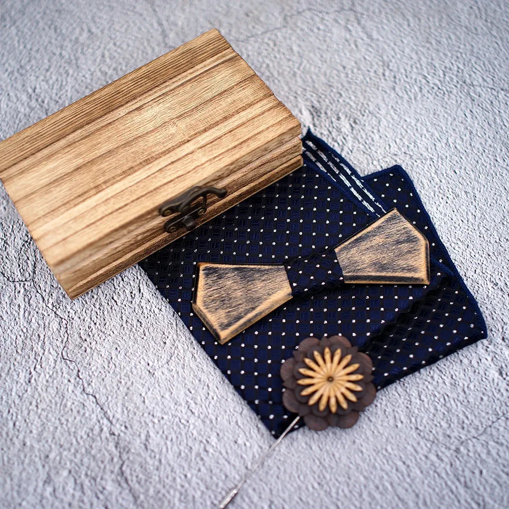 Wooden Bow Ties, Pocket Square and Lapel Pin Gift Box Set